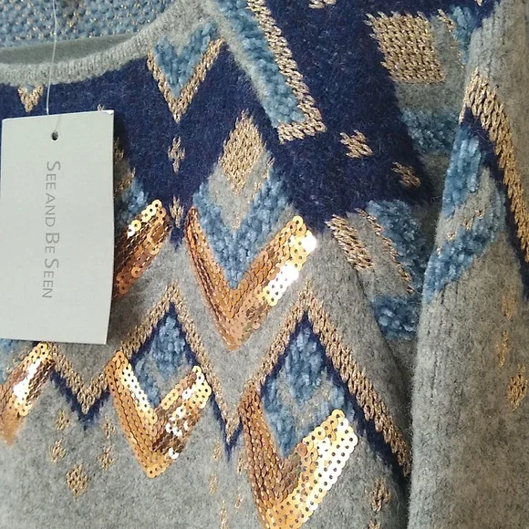 NWT, See & Be Seen Gray and Blue Geometric Sweater - Picture 3 of 6